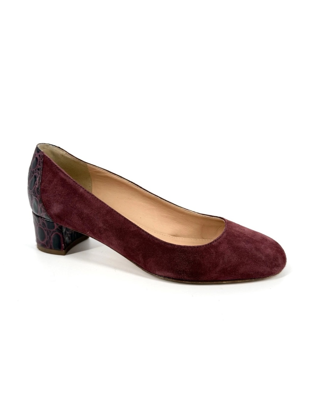 J Crew Pumps Womens Size 6.5 Burgundy Suede Leather Croc Embossed Low Heel Shoes